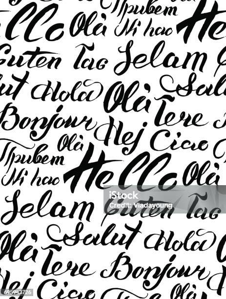 Hand Lettering Hello Again Vector Hand Lettering Text Hello Written On Different Languages Brushed ...