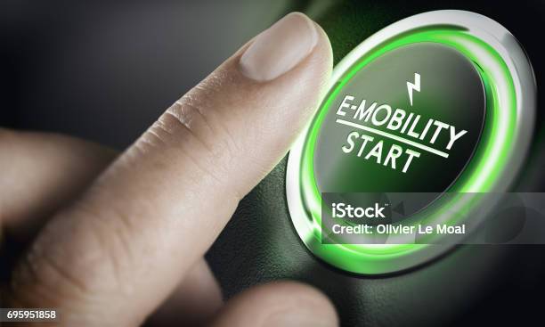 Emobility Green Car Start Button Stock Photo - Download Image Now - Electric Vehicle, On The Move, Electric Car
