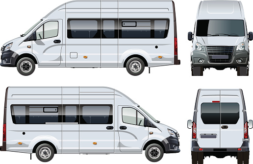 Vector passenger van template isolated on white. Side, front and back view. Available EPS-10 separated by groups and layers with transparency effects for one-click repaint