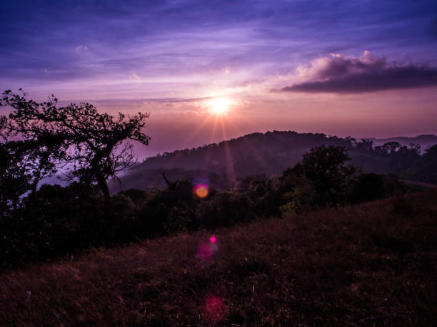 istock Morning sunlight with flare over mountain cloud and grass in Mon Jong. 695962584