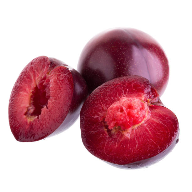 istock ripe fresh plum with half and slice isolated on white background 695964756