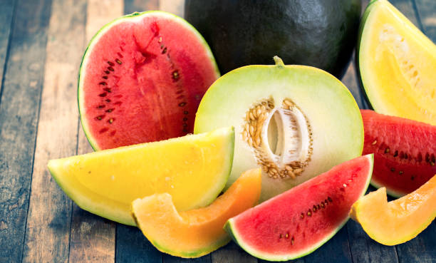 Fresh watermelons and melons stock photo