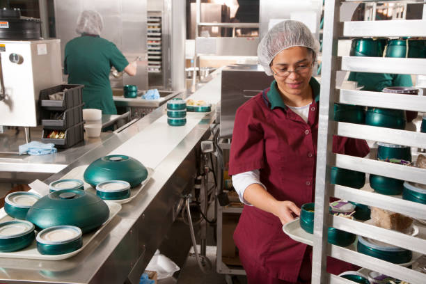 food worker in commercial kitchen preparing meal - caretaker imagens e fotografias de stock