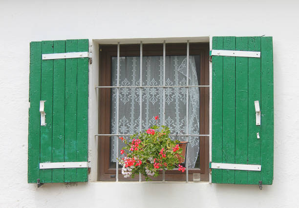 istock window with embroidered curtain and flowers 695971578