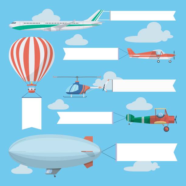 Flying planes, helicopter and airship pulling advertising banners Flying planes pulling advertising banners. Helicopter, airplanes and airship with vertical and horizontal banners. Light air transport with empty ribbons in the sky. blimp stock illustrations