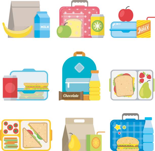 ilustraciones, imágenes clip art, dibujos animados e iconos de stock de escuela almuerzo caja en icono infantil de estilo plano - tray lunch education food