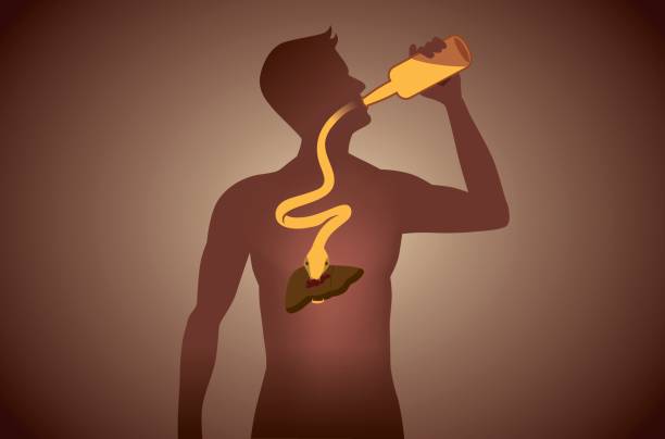 ilustrações de stock, clip art, desenhos animados e ícones de snake out of alcohol bottle into body to attack liver. - eating silhouette men people