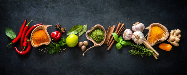 Various herbs and spices Various herbs and spices on dark background condiment photos stock pictures, royalty-free photos & images