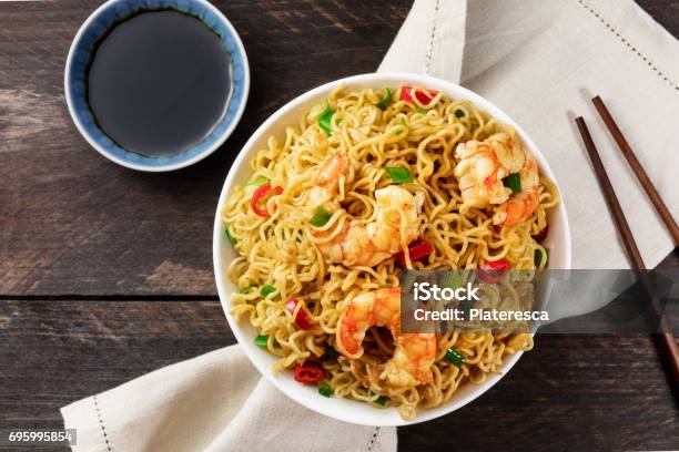Instant Noodles With Vegetables And Shrimps Plus Copyspace Stock Photo - Download Image Now