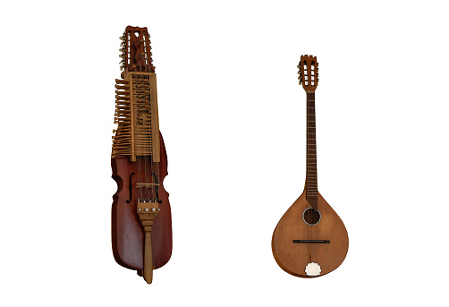 Medieval music instruments Nyckelharpa and Irish bouzouki over the white background