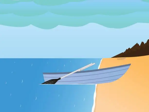 Vector illustration of Vector fishing boat on a sandy beach and sea