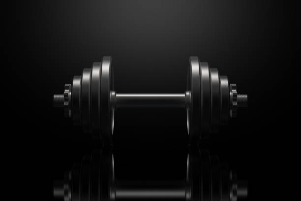 istock Dumbbell on a black reflective surface. 3D illustration. 695999292