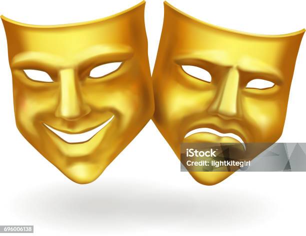 Theater Masks Gold Icons Realistic Vector Stock Illustration - Download Image Now - Comedy Mask, Tragedy Mask, Humor