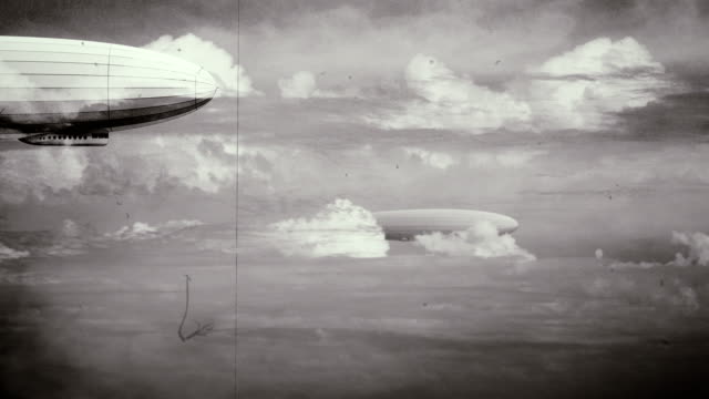 Legendary huge zeppelin airship on sky. Black and white retro stylization, old film.