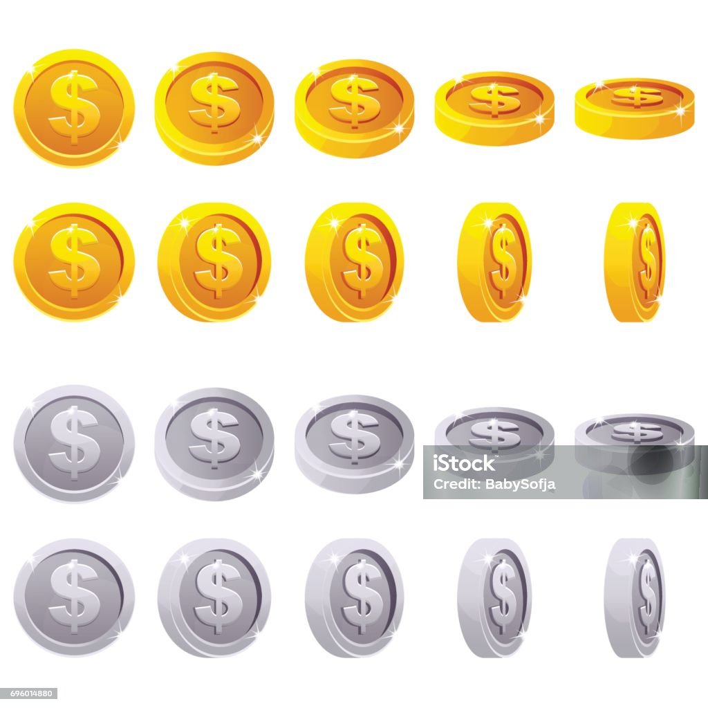 Cartoon set of 3D metallic coins, vector animation game rotation Cartoon set of 3D metallic coins, vector animation game rotation. Gold and silver dollar simbol Coin stock vector