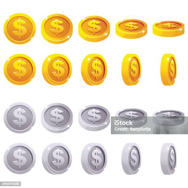 Cartoon Set Of 3d Metallic Coins Vector Animation Game Rotation Stock Illustration - Download Image Now