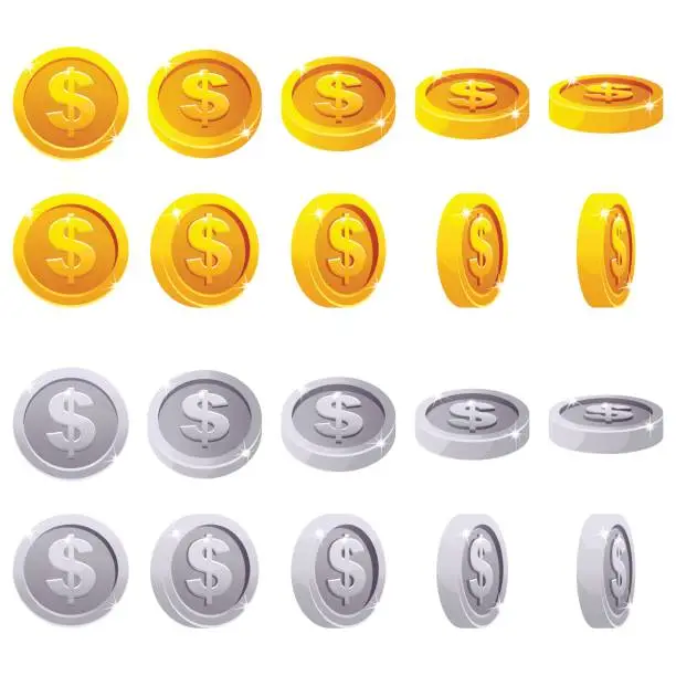 Vector illustration of Cartoon set of 3D metallic coins, vector animation game rotation