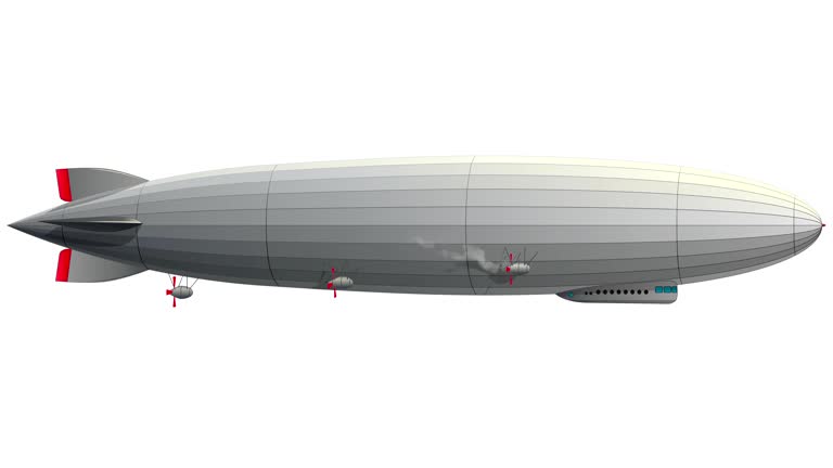 Legendary zeppelin airship. Stylized flying balloon. Dirigible with rudder and propellers.