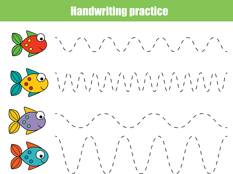 Handwriting practice sheet. Educational children game, restore the dashed line. Writing training printable worksheet with with wavy lines and fish