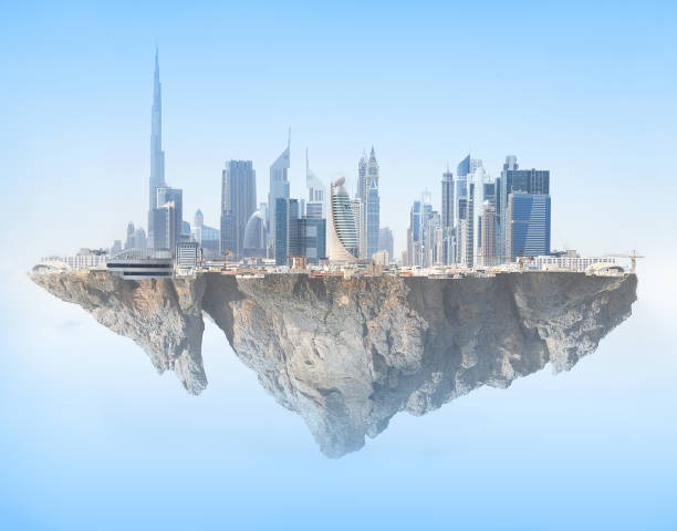 istock Abstract design of floating Dubai skyline 696023302