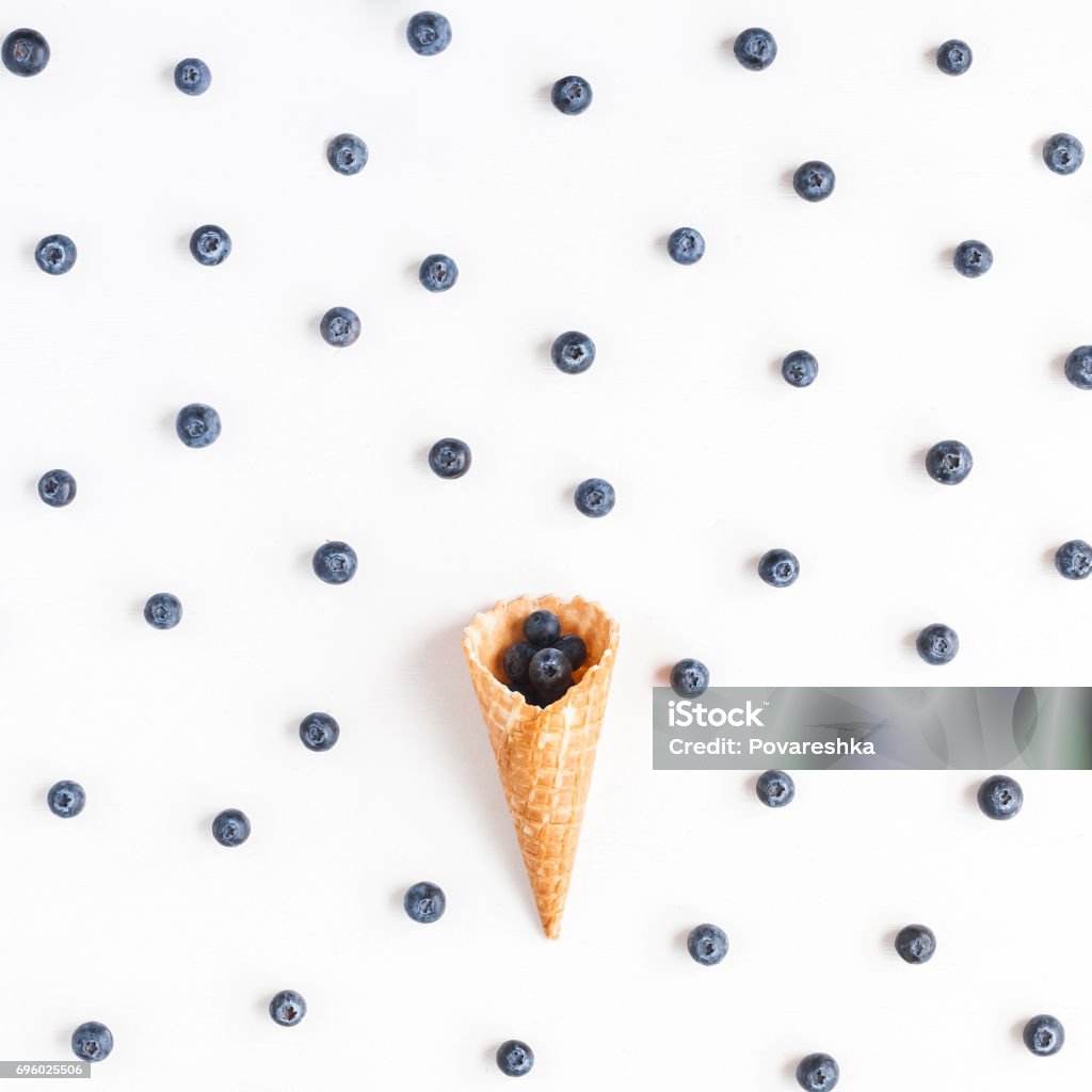 Fresh blueberry in waffle cone. Flat lay, top view Directly Above Stock Photo