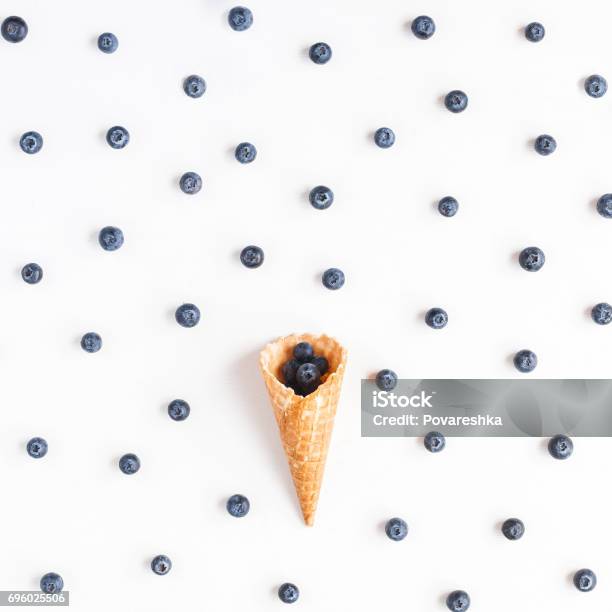 Fresh Blueberry In Waffle Cone Flat Lay Top View Stock Photo - Download Image Now - Directly Above, Waffle, Blueberry