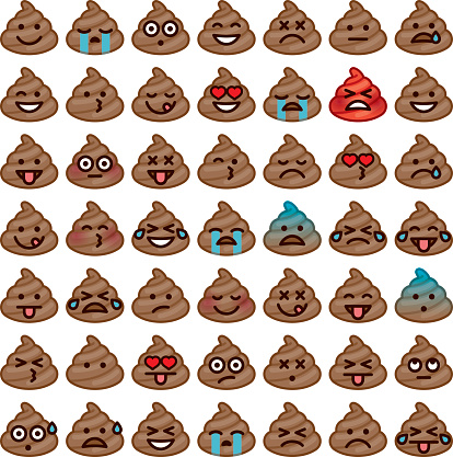 A set of 'poomojis', or emoji icons made of poo. Emotions include embarrassed, happy, in love, sad, angry, crying, and so forth. AI10 EPS file built in CMYK. Some simple transparency effects used to create the blushing effects.