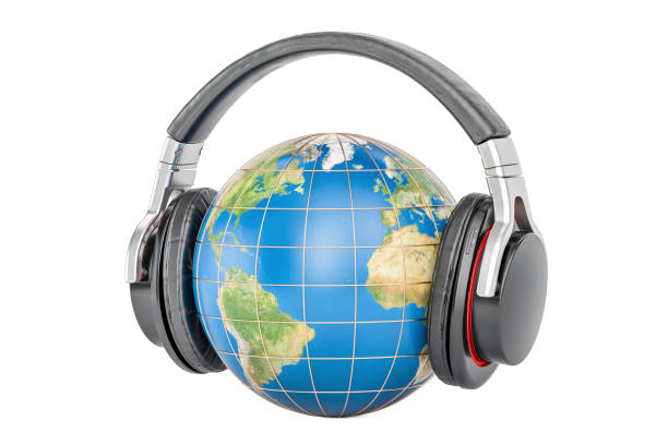istock Earth globe with headphones, 3D rendering isolated on white background. 696038760