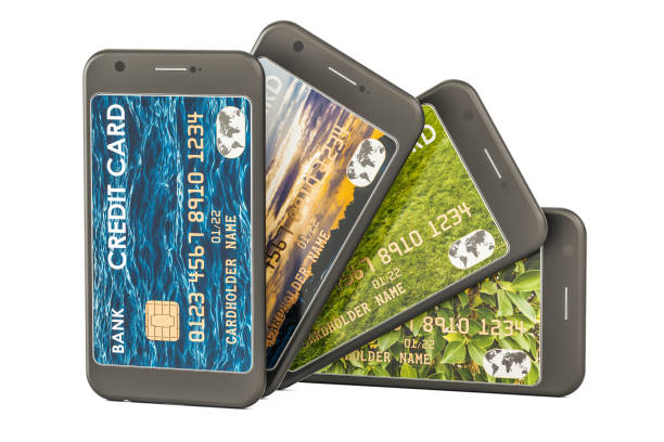 istock Smartphones with credit cards. Electronic wallet on mobile phone concept. 3D rendering 696038808