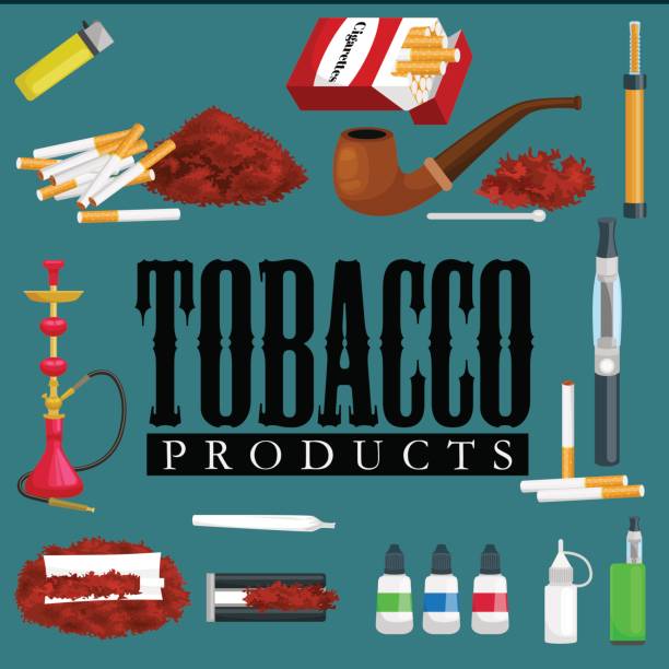 Smoking tobacco products icons set with cigarettes hookah cigars lighter isolated vector illustration Smoking tobacco decorative icons set with cigarettes hookah cigars alcohol lighter on brown background isolated vector illustration chewing tobacco stock illustrations