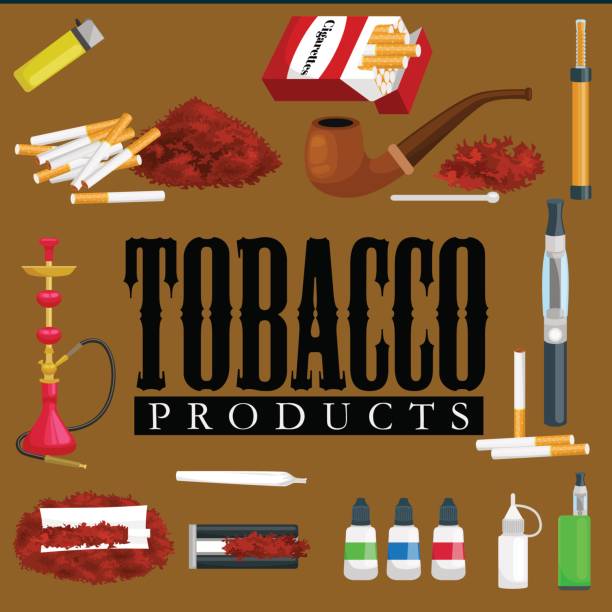 illustrazioni stock, clip art, cartoni animati e icone di tendenza di fumo tabacco prodotti icone impostato con sigarette narghilè sigari accendino illustrazione vettoriale isolata - figurine people symbol men