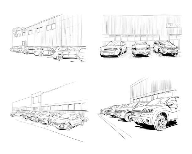 Car showroom exterior. Hand drawn vector illustration Car showroom exterior design sketch. Hand drawn vector illustration car sketches stock illustrations