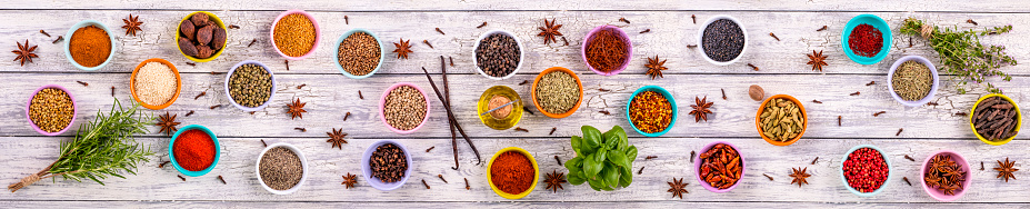 Panorama of spices and herbs on a wooden background