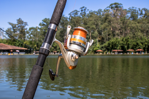 Sao Paulo, Brazil, February 12, 2017. Fishing rod in a lake on Borore Island, south of Sao Paulo.