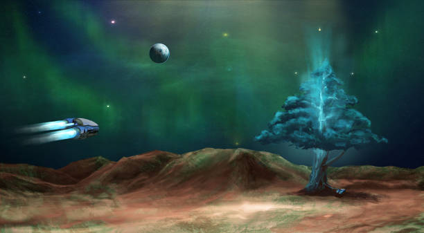 istock Space scene. Green nebula with planet and energy tree. 696045264
