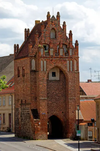 top of gothic city tower Muehlentor,in Templin, Brandenburg, Germany