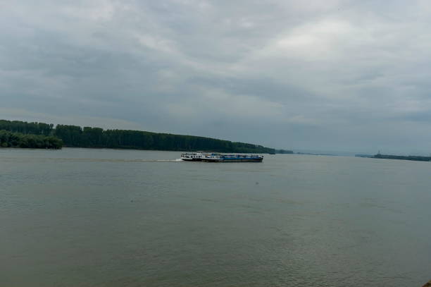 Pass  passenger ship  in the river Danube along Vidin port, Bulgaria, Europe