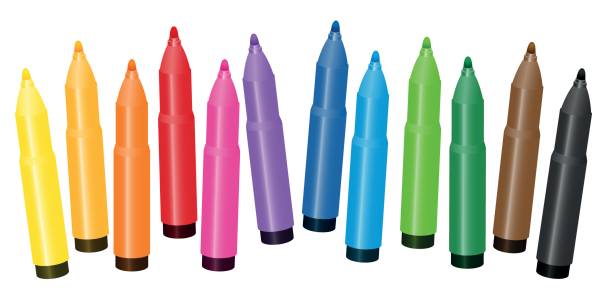 istock Felt pens, colorful set for painting coloring books - loosely arranged - isolated vector illustration on white background. 696049064