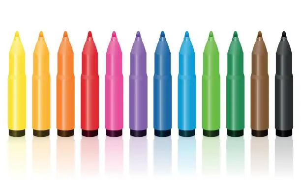 Vector illustration of Thick felt tip pens, colorful set, upright standing in a row - isolated vector illustration on white background.