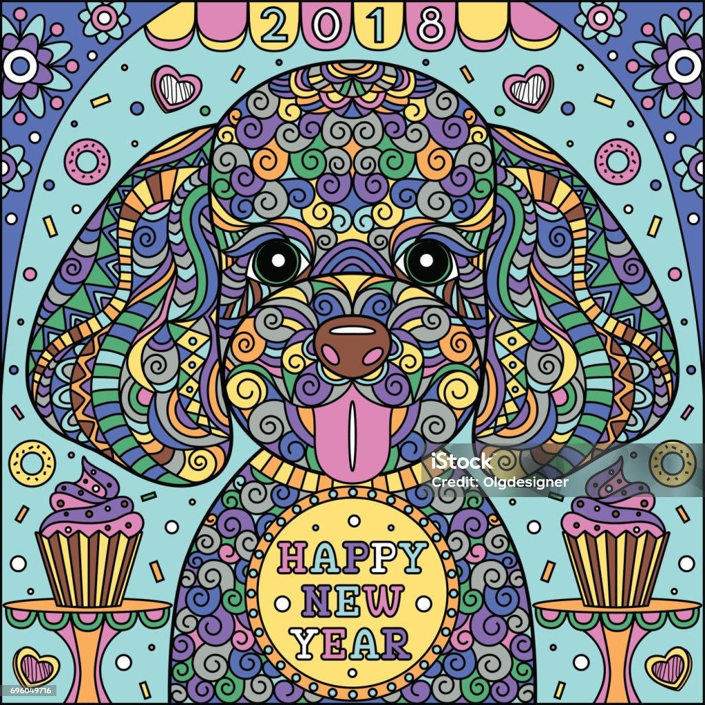 Cute puppy colorful background Animal and sweet sugar background. Funny vector illustration for adult and children coloring book.  Dog symbol of New Year 2018. 2018 stock vector