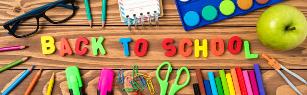 istock School supplies on wooden table .Top view 696052252