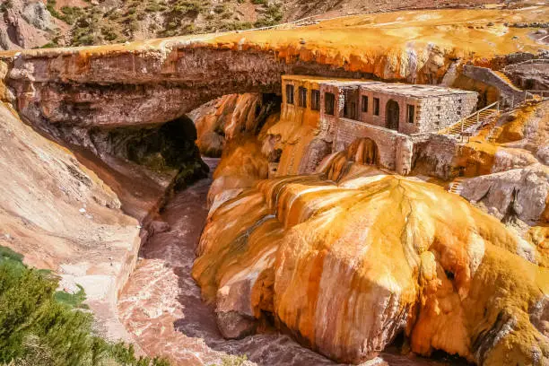 Natural stone bridge Puente del Inca above Rio Mendoza in Argentina