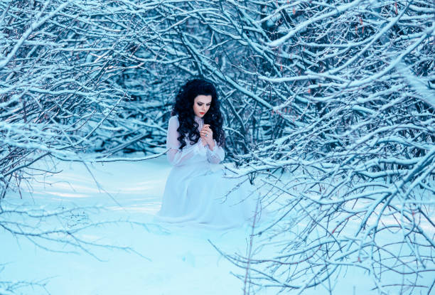 Luxurious brunette in a white dress standing in  a snowy forest , Snow Queen, a fantastic shot,a fashionable toning , creative color