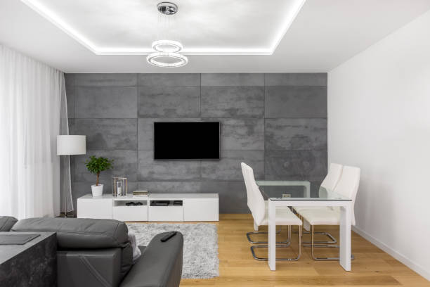 istock Living room with glass table 696069926