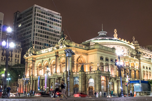 Sao Paulo, Brazil, March 23, 2017. Municipal theater of Sao Paulo at night. Built in 1903 and opened in 1911, with the opera Hamlet, of Ambrose Thomas,