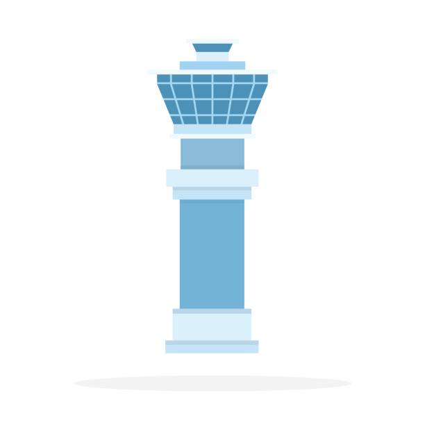 Airport control room vector flat material design isolated object on white background. Airport Control Tower vector flat material design object. Isolated illustration on white background. air traffic control tower stock illustrations