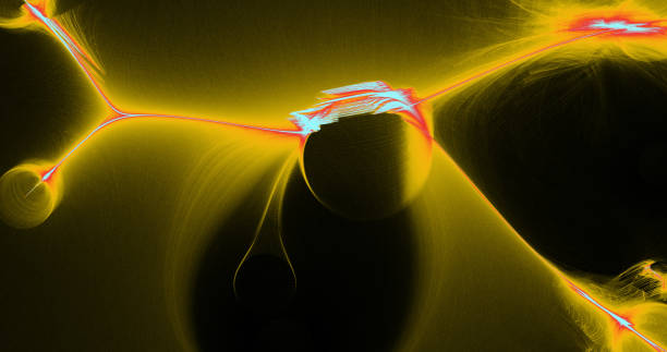 istock Yellow Red And Blue Abstract Lines Curves Particles Background 696090374