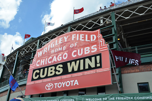 CHICAGO - MAY 29: Sign on Wrigley Field, home of the Chicago Cubs, is shown here on May 29, 2016 after their7-2 win against the Philadelphia  Phillies.