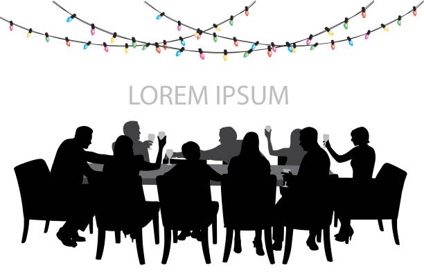 ilustraciones, imágenes clip art, dibujos animados e iconos de stock de christmaspartytable - toast party silhouette people