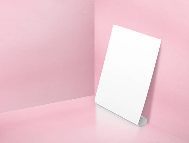 istock Blank white rolling poster at corner painted pastel pink color studio room background,Mock up template for display or montage of design or text ,Online marketing media tool 696091140